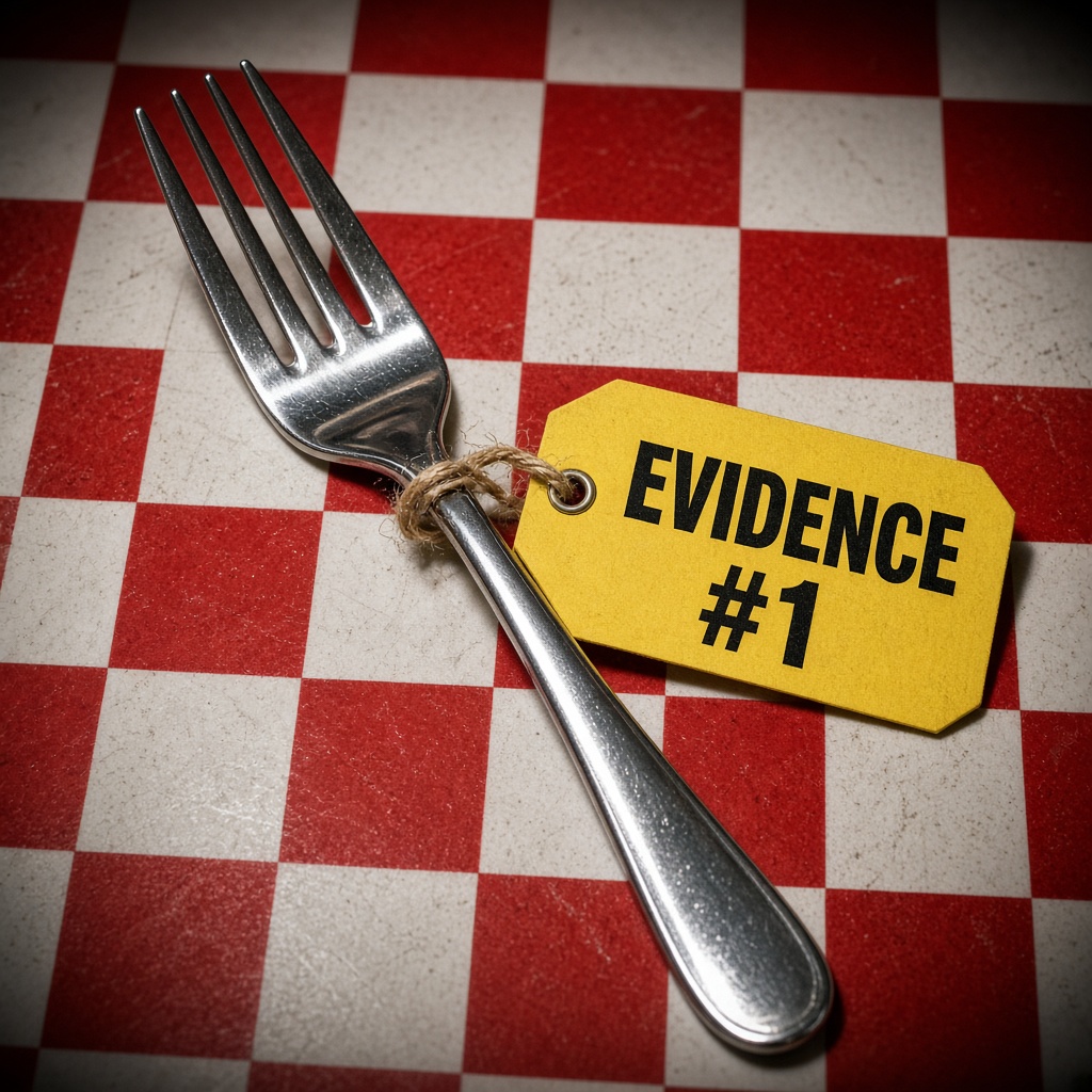 A silver fork tagged EVIDENCE #1 lying on a red and white checkered tablecloth